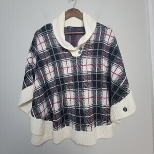 Talbots Womens M Lambswool Blend Cowlneck Button Poncho Sweater Plaid